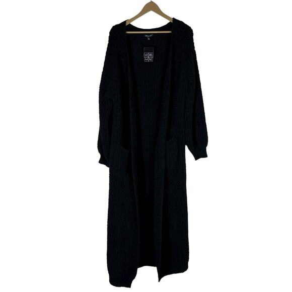 NWT Hers & Mine Duster Cardigan Womens S Black Open Front Chore Pockets Longline - Picture 2 of 6